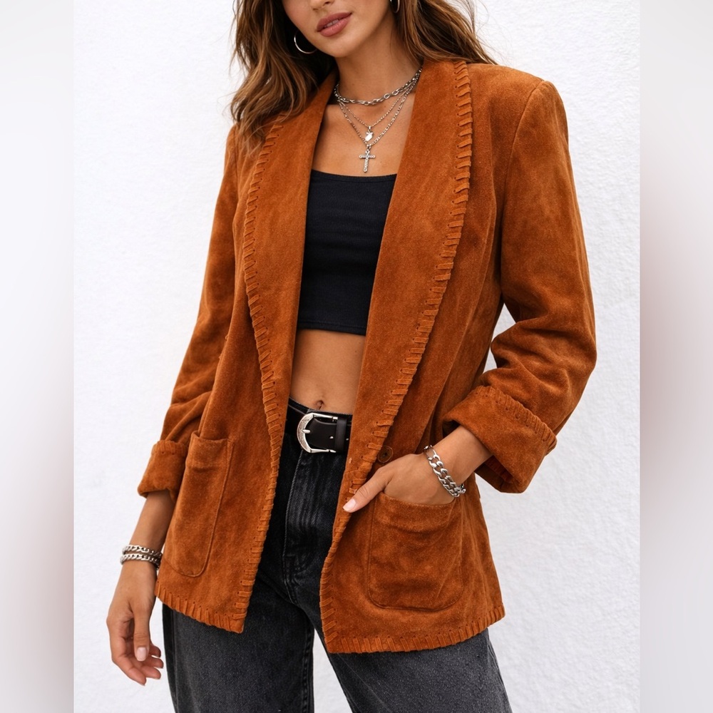 100% Suede Leather Jacket Rust Whipstitch Trim Oversized Blazer Coat Size Small